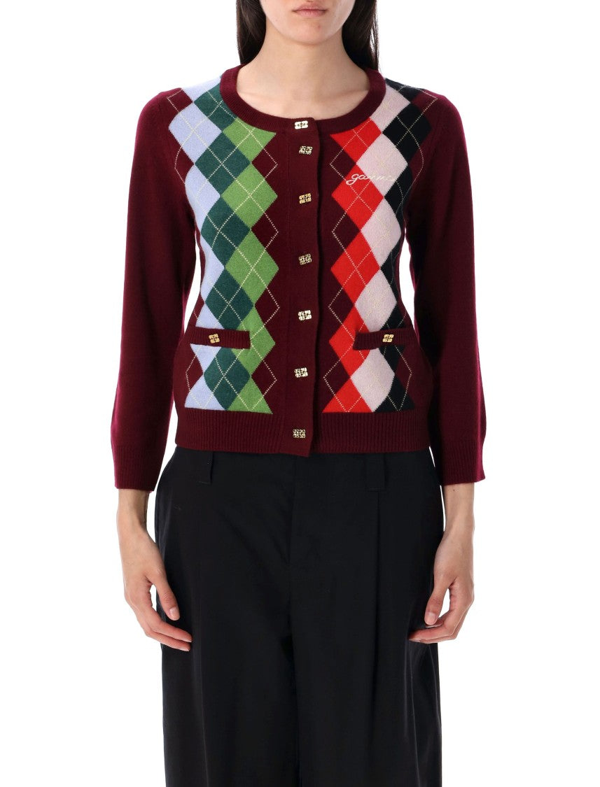 Ganni Check Wool Knit Cardigan With Slim Fit