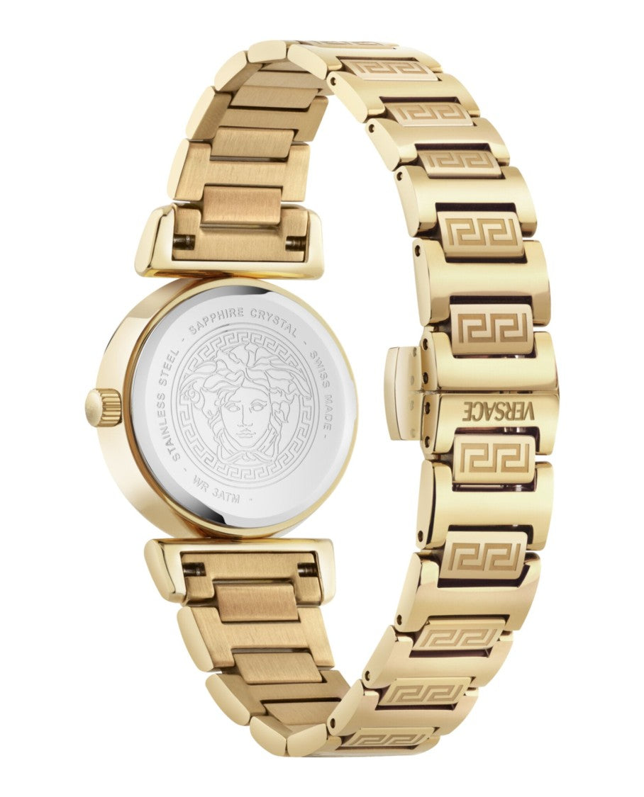 Versace Mini Vanity Bracelet Watch With Gold Sunray Dial And Greek Key Motifs