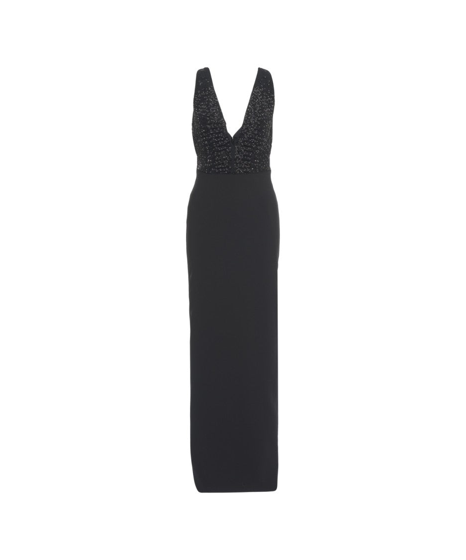Elisabetta Franchi Maxi Dress With Sequined Deep V-Neckline