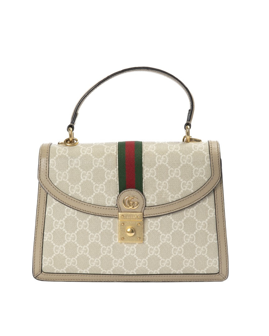 Gucci Ophidia Small Gg Supreme Handbag With Beige Leather Trim