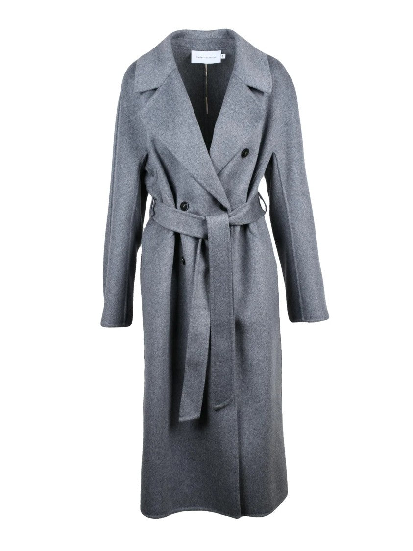 Simona Corsellini Grey Wool-Blend Belted Double-Breasted Long Coat