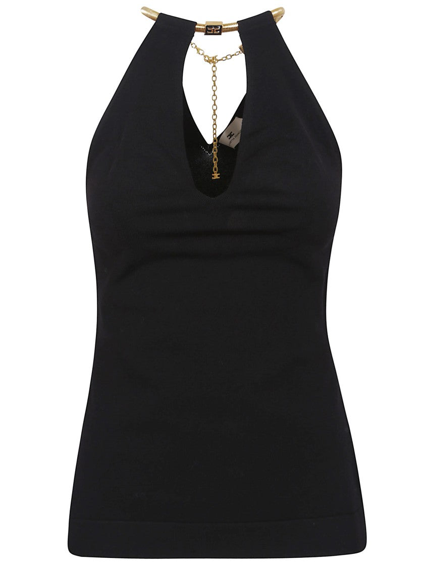 Elisabetta Franchi Deep Halterneck Knit Top With Removable Snakeskin Necklace