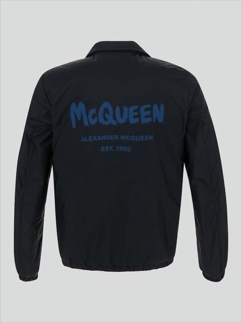 Alexander Mcqueen Snap-Button Black Jacket With Bold Logo Accents