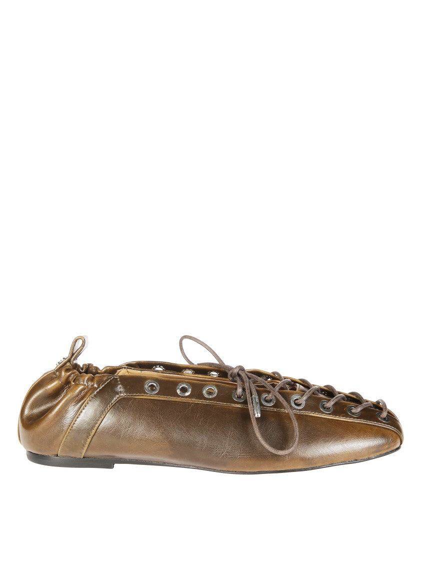 Ganni Eyelet Lace-Up Ballerina Flats With Gathered Back