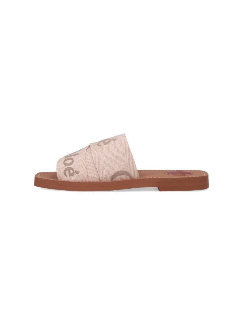 Chloé Beige Woody Printed Linen Sandals