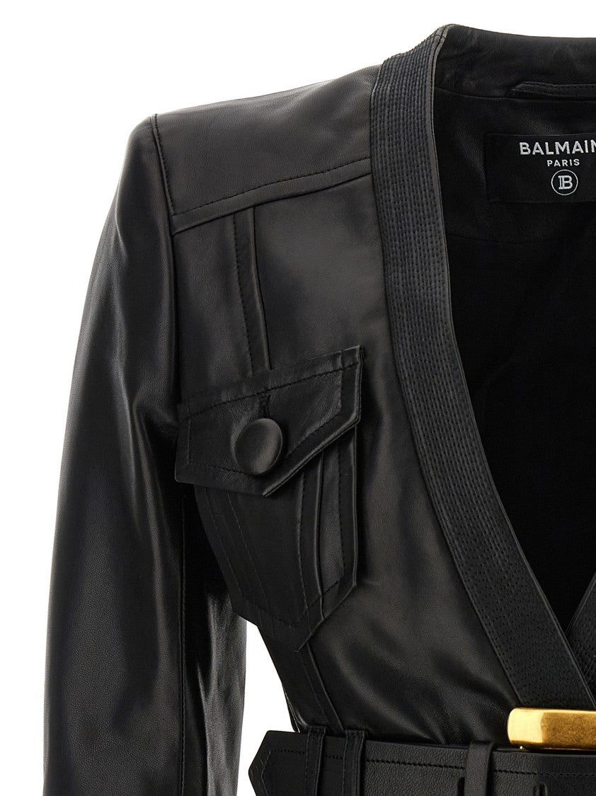 Balmain Flared Black Lamb Leather Jacket