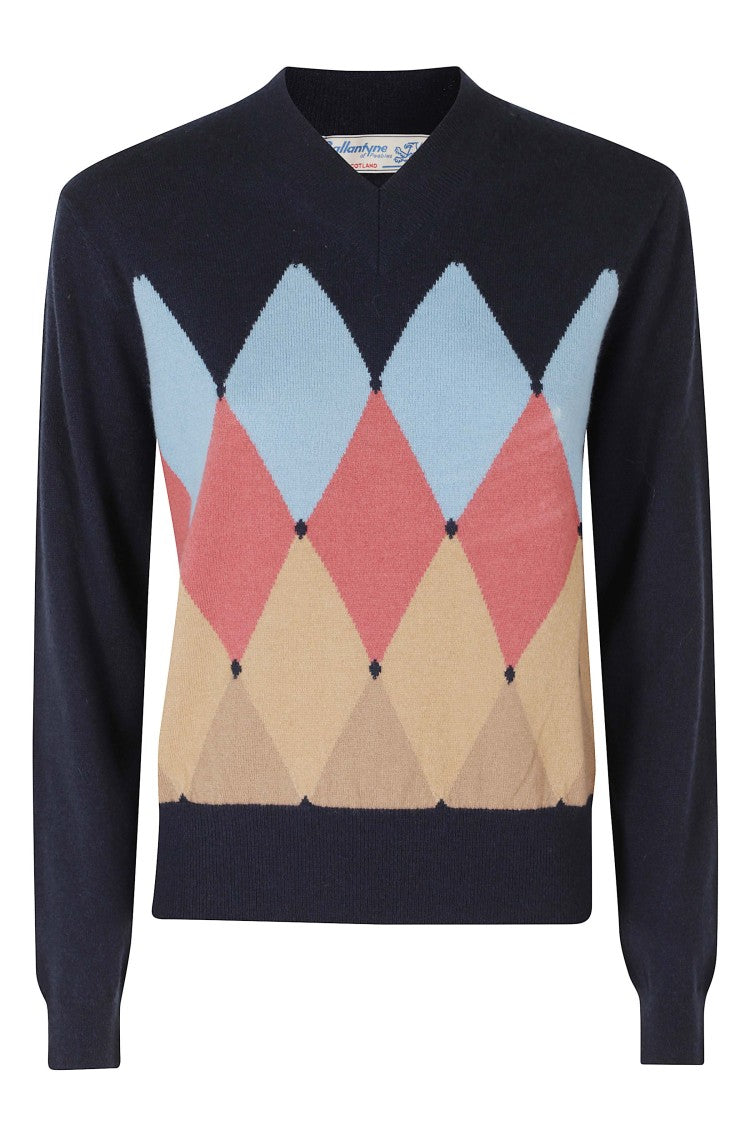Ballantyne Blue V-Neck Diamond Pattern Cashmere Sweater