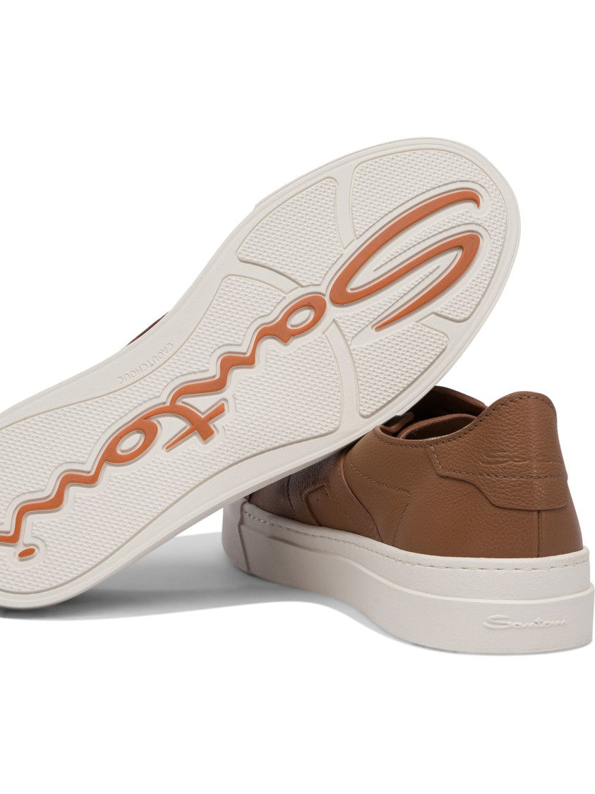 Santoni Brown Calf Leather Slip-On Sneakers