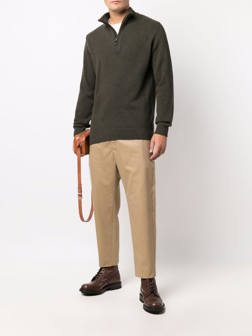 Barbour Khaki-Green Wool Half-Zip Sweater With Ribbed Edges And Elbow Patches