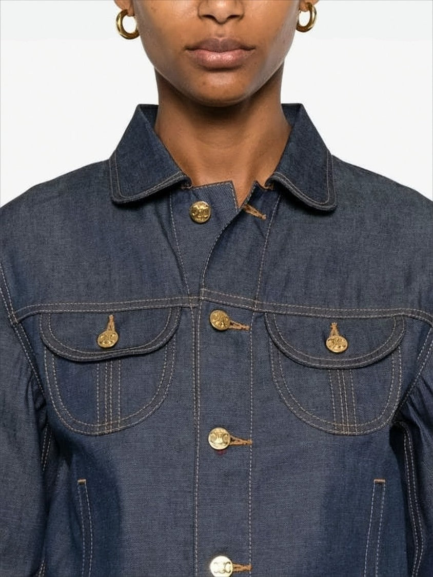 Celine Cropped Denim Jacket With Classic Collar And Gold-Tone Details