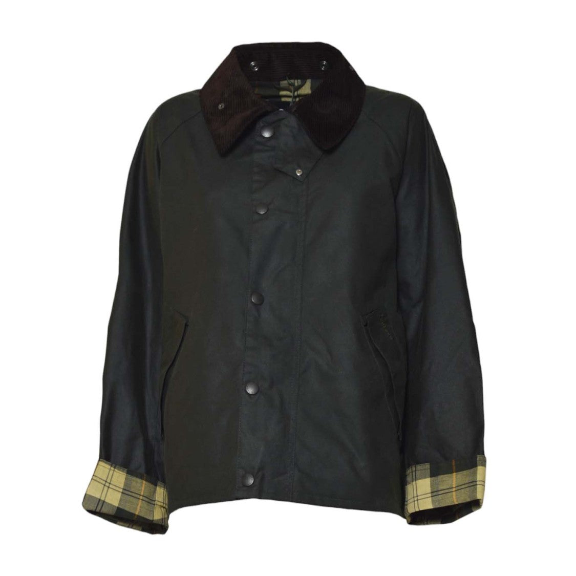 Barbour Waxed Green Coat With Brown Corduroy Collar And Tartan Lining