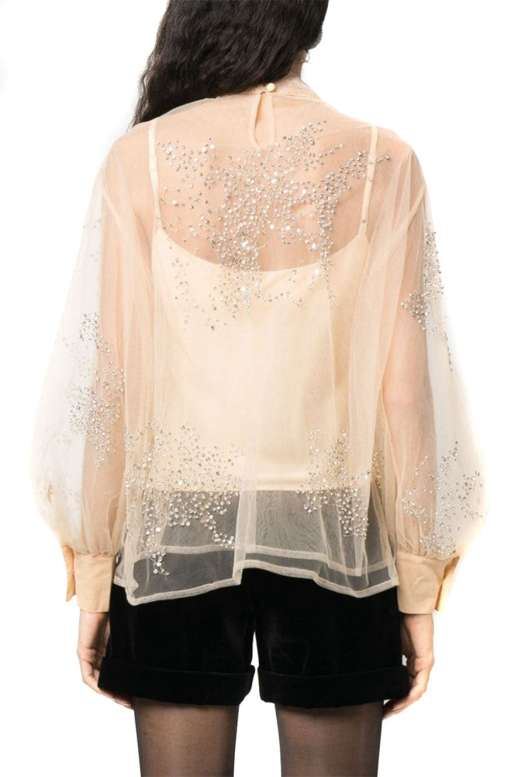Des Phemmes Puff Sleeve Beige Sheer Blouse Embellishments