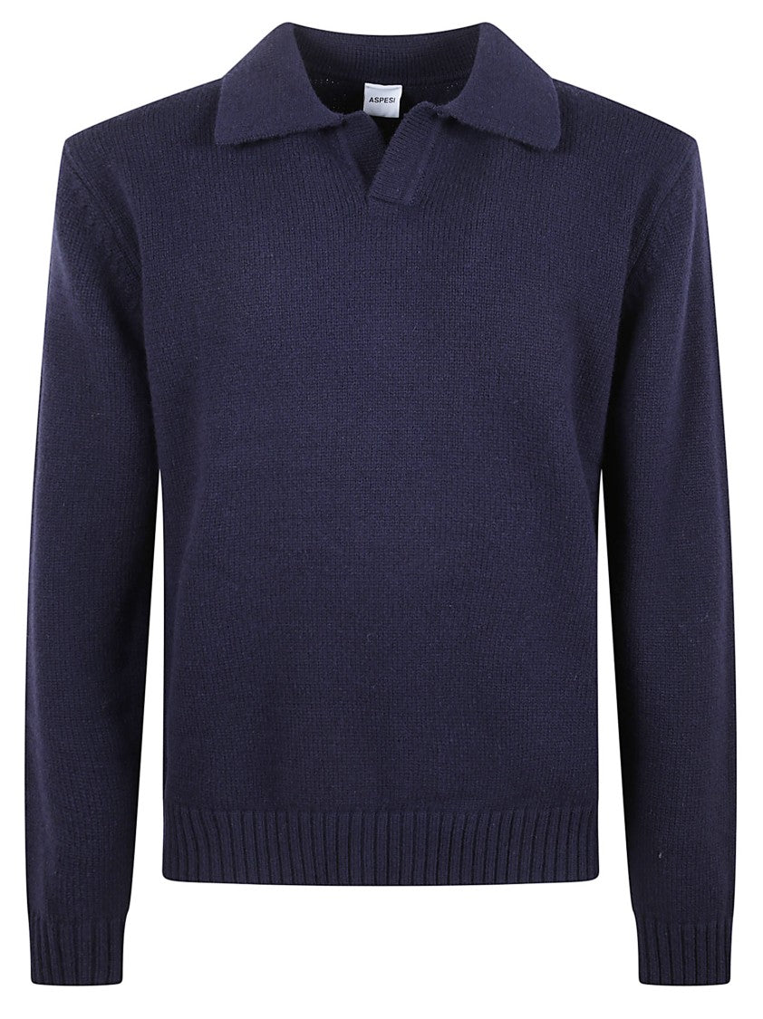 Aspesi Ribbed Hem Long-Sleeved Navy Wool Blend Polo Shirt