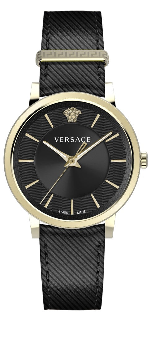 Versace Oval Gold-Tone Bezel Watch With Textured Black Dial