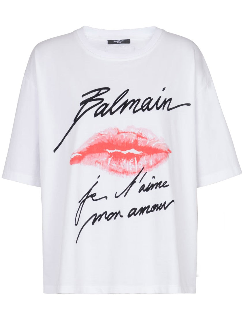 Balmain White T-Shirt Graphic Lip Cotton T-Shirt