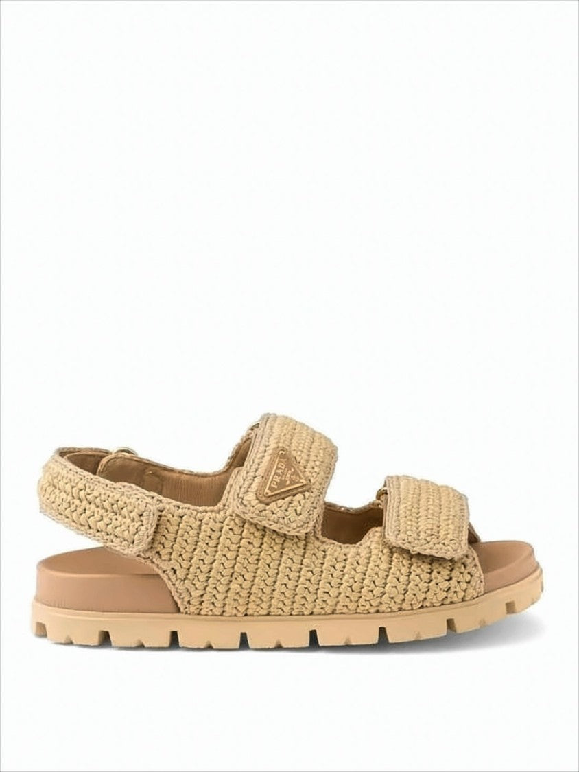 Prada Woven Texture Sandals With Adjustable Straps And Triangular Logo