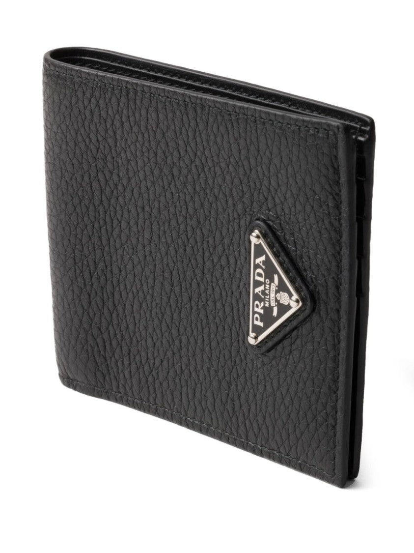 Prada Compact Textured Leather Wallet With Logo Plaque
