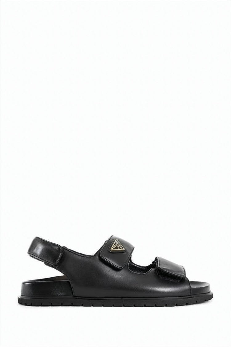 Prada Black Leather Sandals With Adjustable Straps And Metal Logo