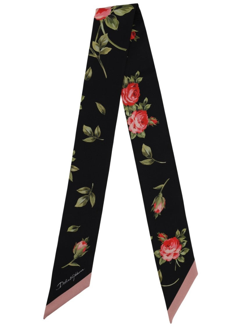 Dolce & Gabbana Black Floral Rose Pattern Silk Scarf