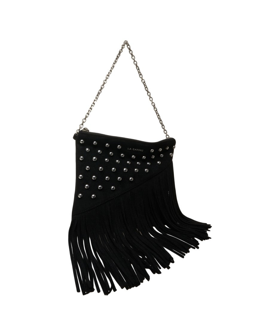 La Carrie Fringe-Embellished Black Shoulder Bag With Silver Chain Strap