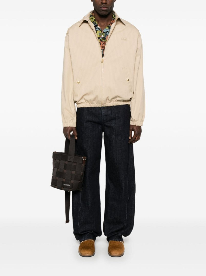 Drôle De Monsieur Beige Zip-Front Jacket With Vertical Stripe Pattern And Embroidered Logo