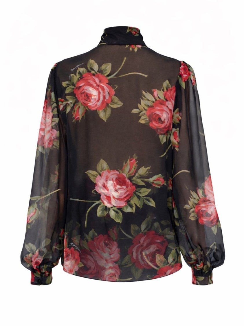 Dolce & Gabbana Black Rose Bouquet Printed Silk Blouse