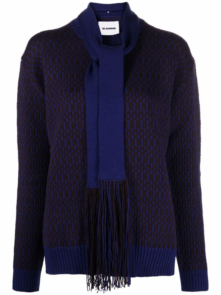 Jil Sander Checkered Wool Sweater With Fringed Scarf Detail