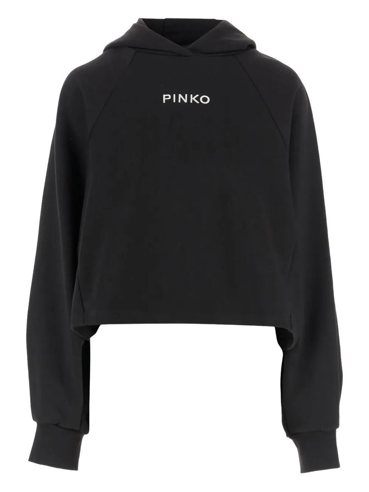 Pinko Cropped Black Sweater With Hood And Subtle Text Detail