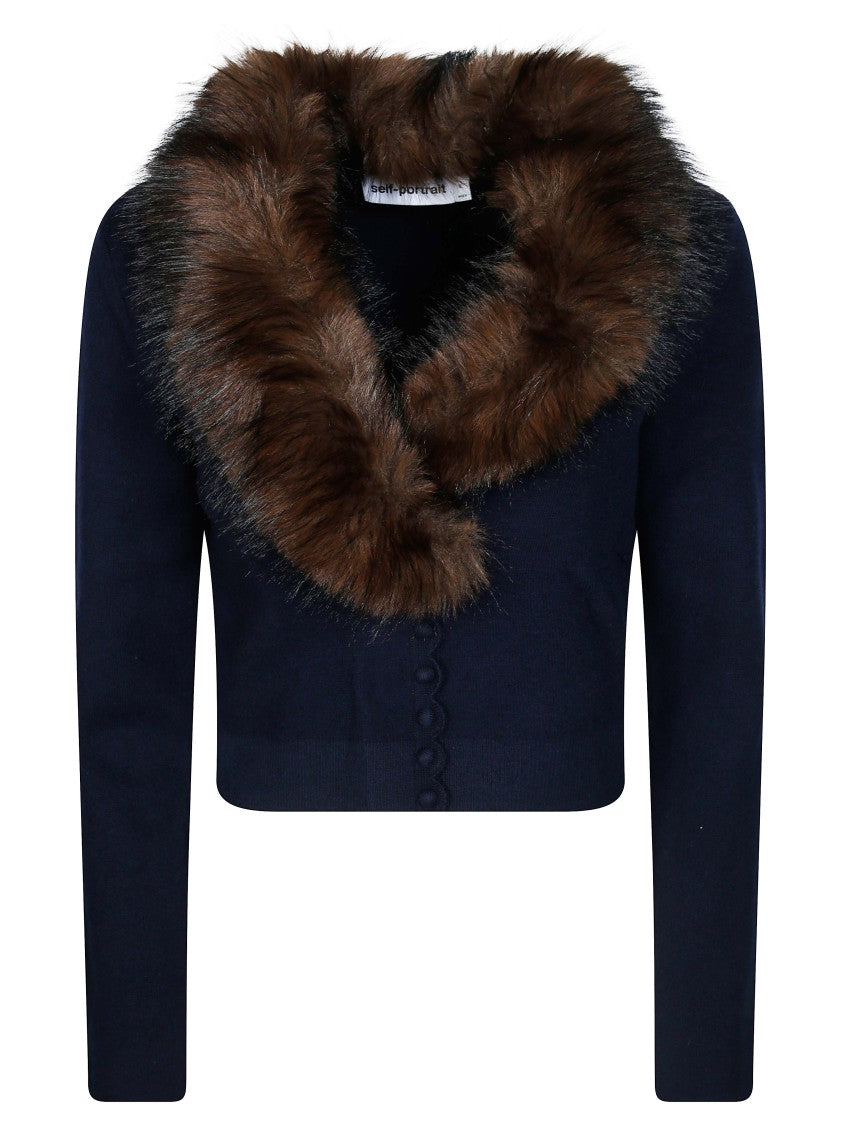 Self-Portrait Navy Faux Fur Collar Cropped Cardigan