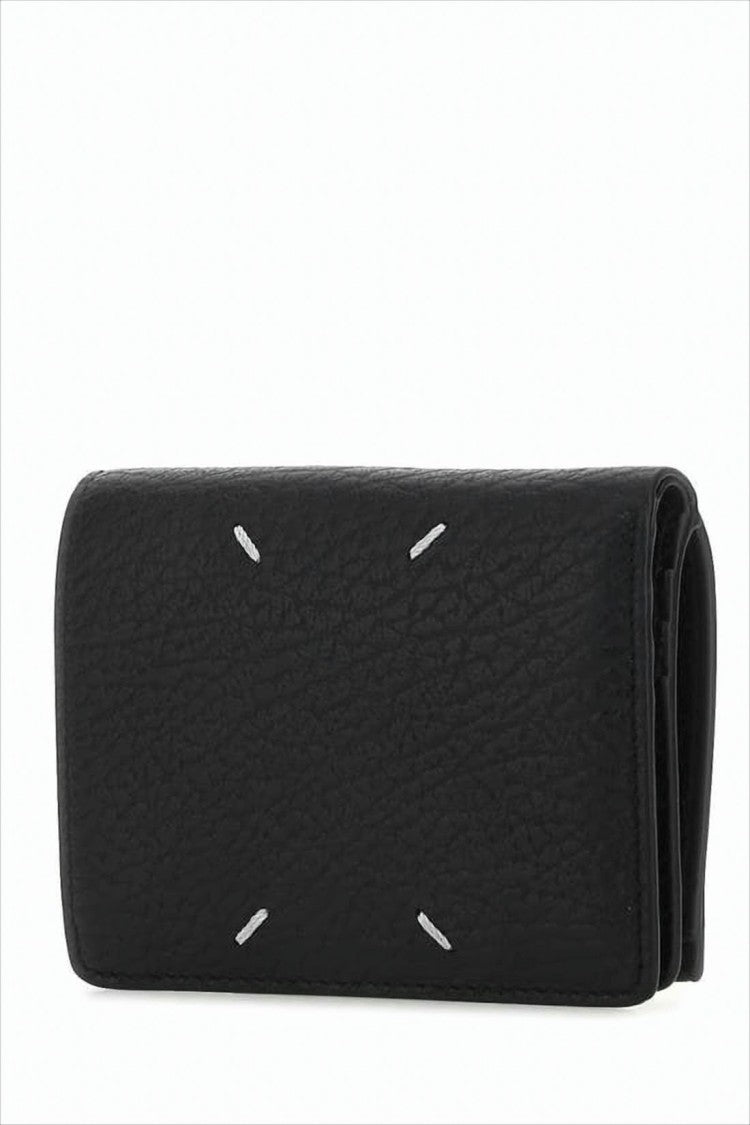 Maison Margiela Compact Bifold Wallet In Textured Black Leather With Signature Stitches