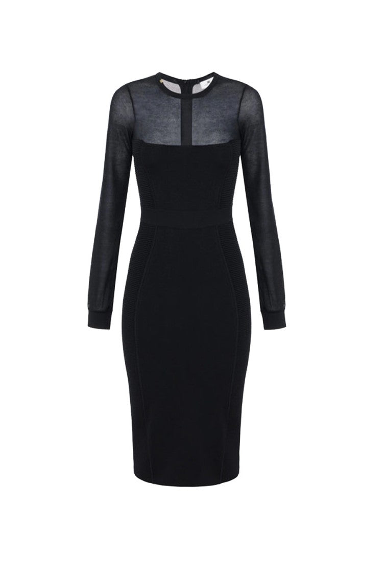 Elisabetta Franchi Black Viscose-Polyamide Blend Sheer-Yoke Midi Dress