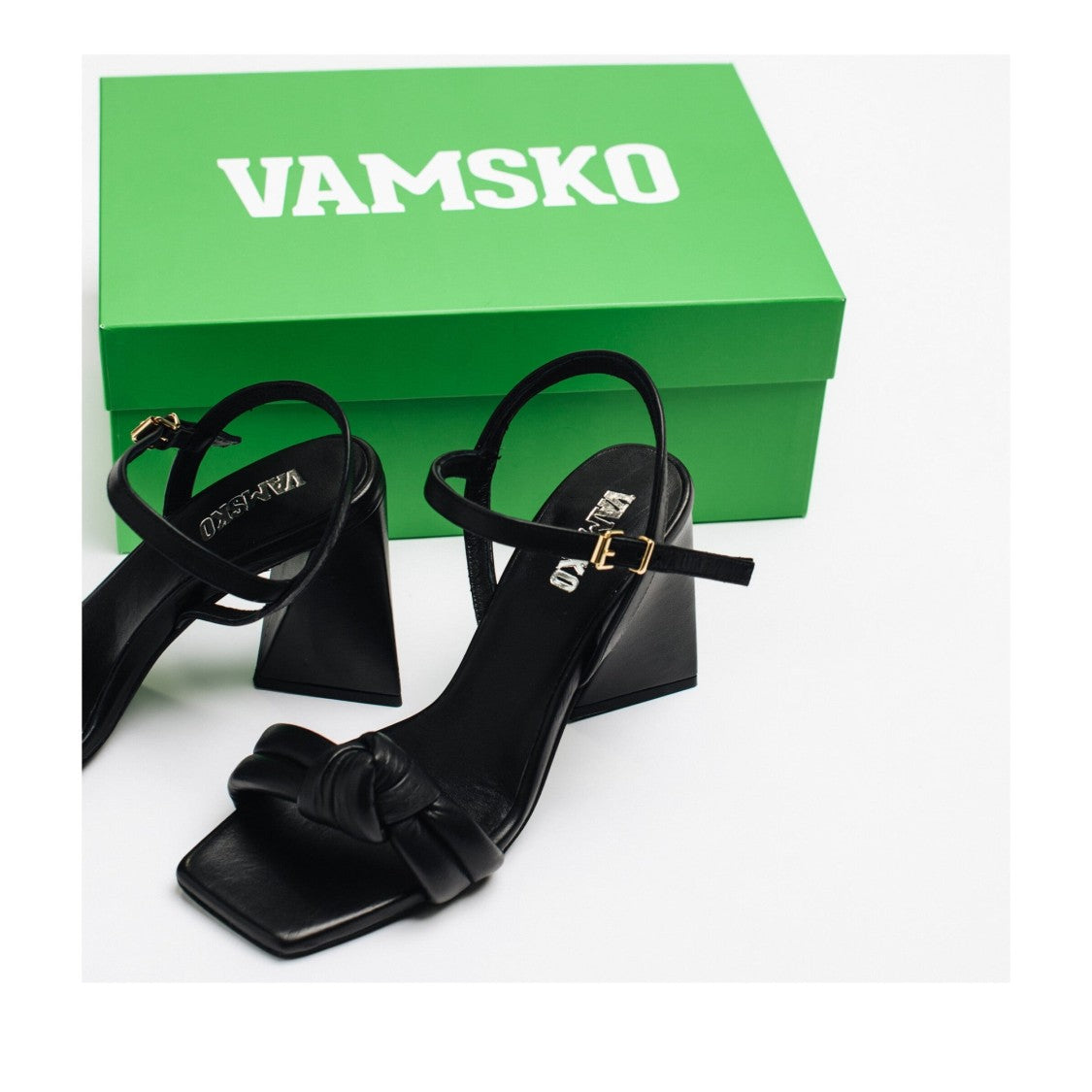 Vamsko Eden Black Knotted Strap Block Heel Leather Sandals
