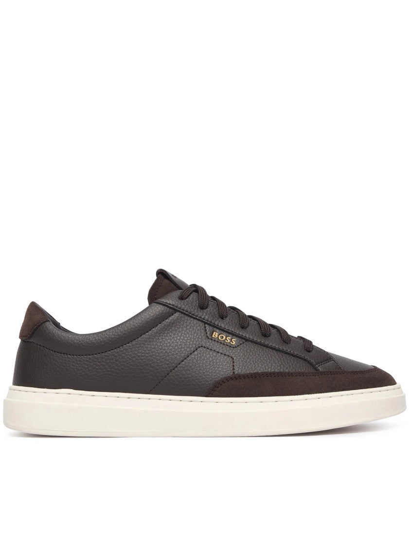 Hugo Boss Dark Brown Textured Leather Sneakers