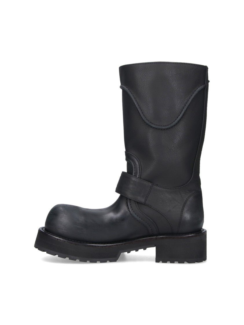 Balenciaga Venom Mid-Calf Boots With Adjustable Silver Buckles And Embossed Logo