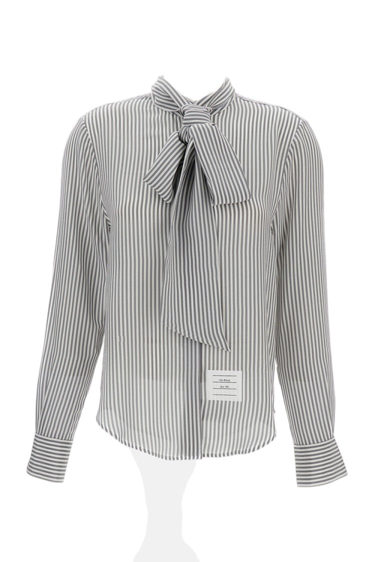 Thom Browne Striped Silk Shirt With Detachable Tie Collar And Signature Details