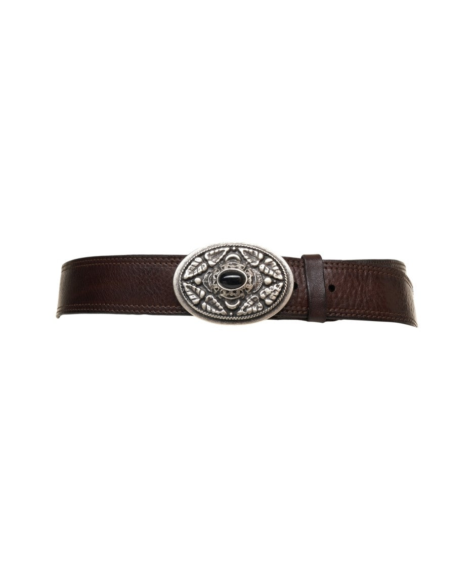 Campomaggi Hammered Leather Belt With Ornate Buckle And Decorative Stone