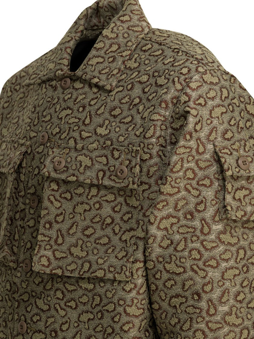 Beams Plus Boxy Beige Jacket With Abstract Leopard Print And Button-Up Closure