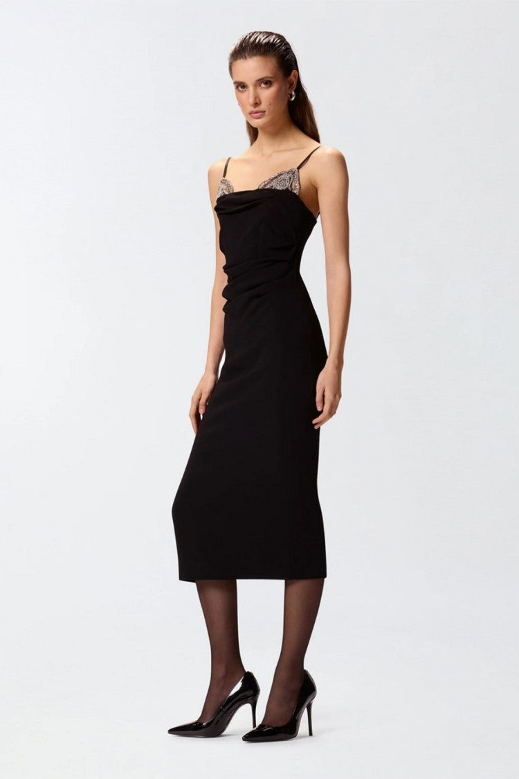 Pinko Black Rhinestone Bust Ruched Viscose-Blend Midi Dress