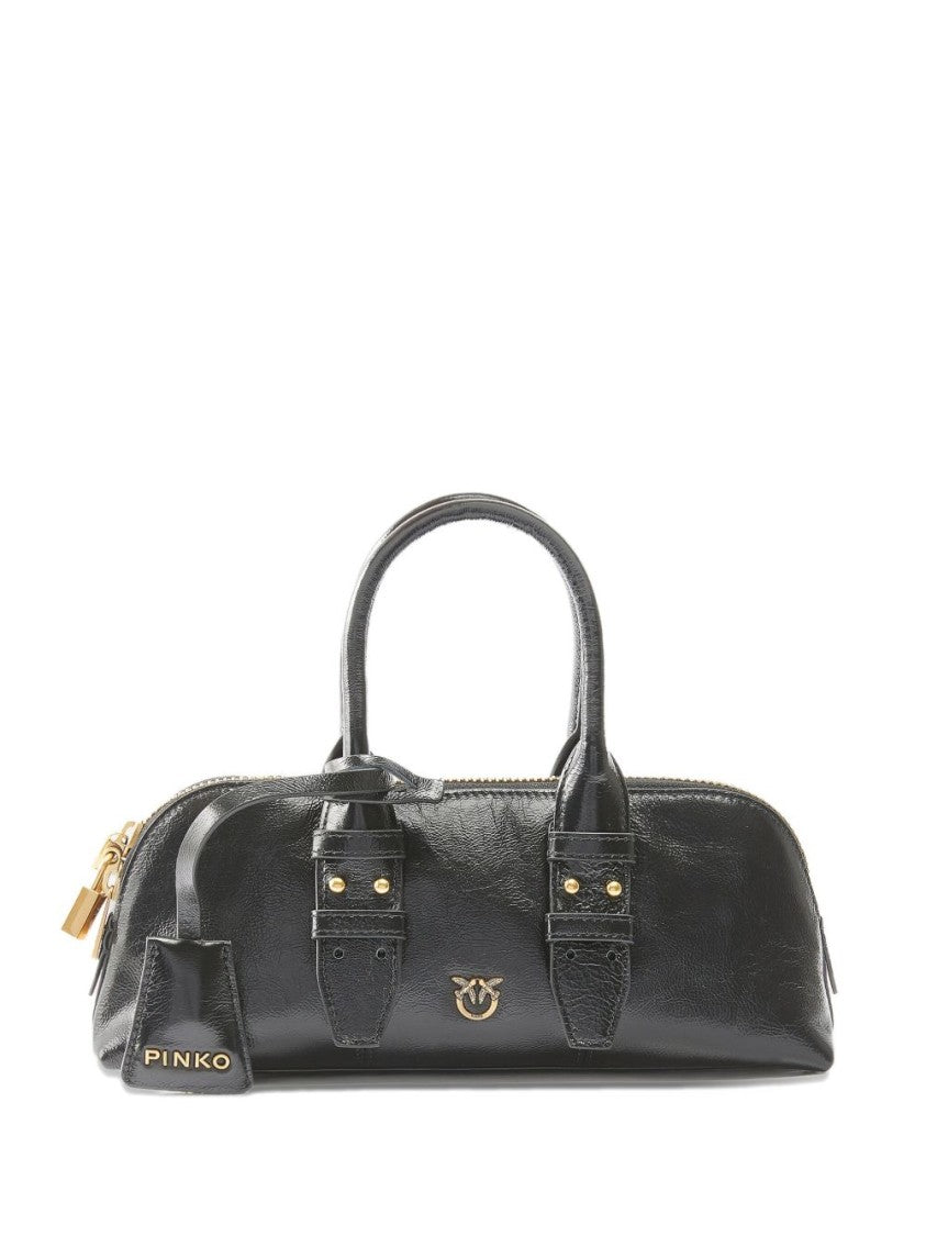 Pinko Elongated Black Calfskin Handbag With Gold Hardware
