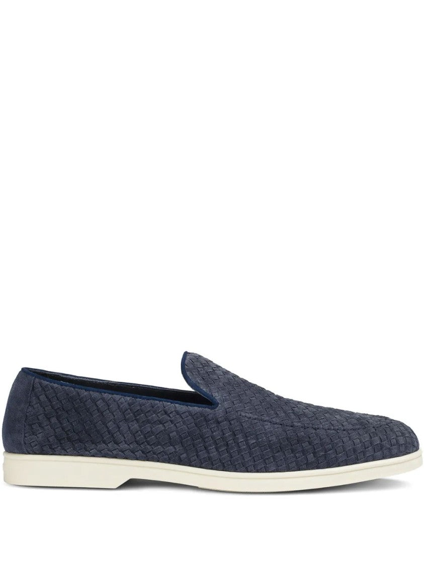 Doucal's Woven Textured Blue Loafers In Cow Leather