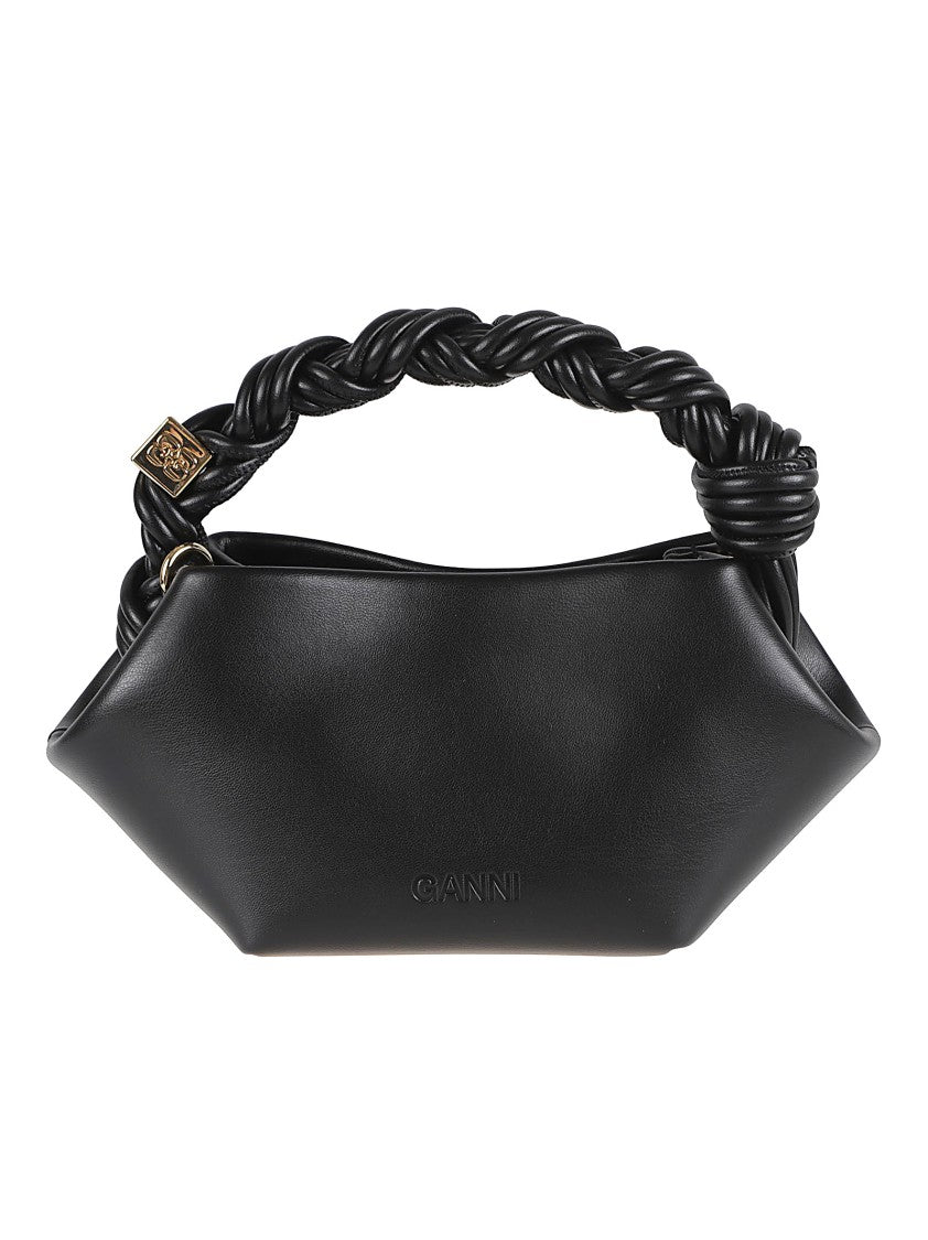 Ganni Structured Black Bag With Twisted Handle And Butterfly Logo