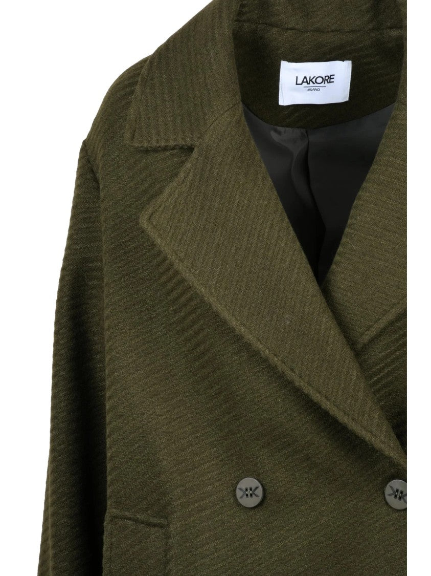 Lakore Green Double-Breasted Wool-Blend Long Coat