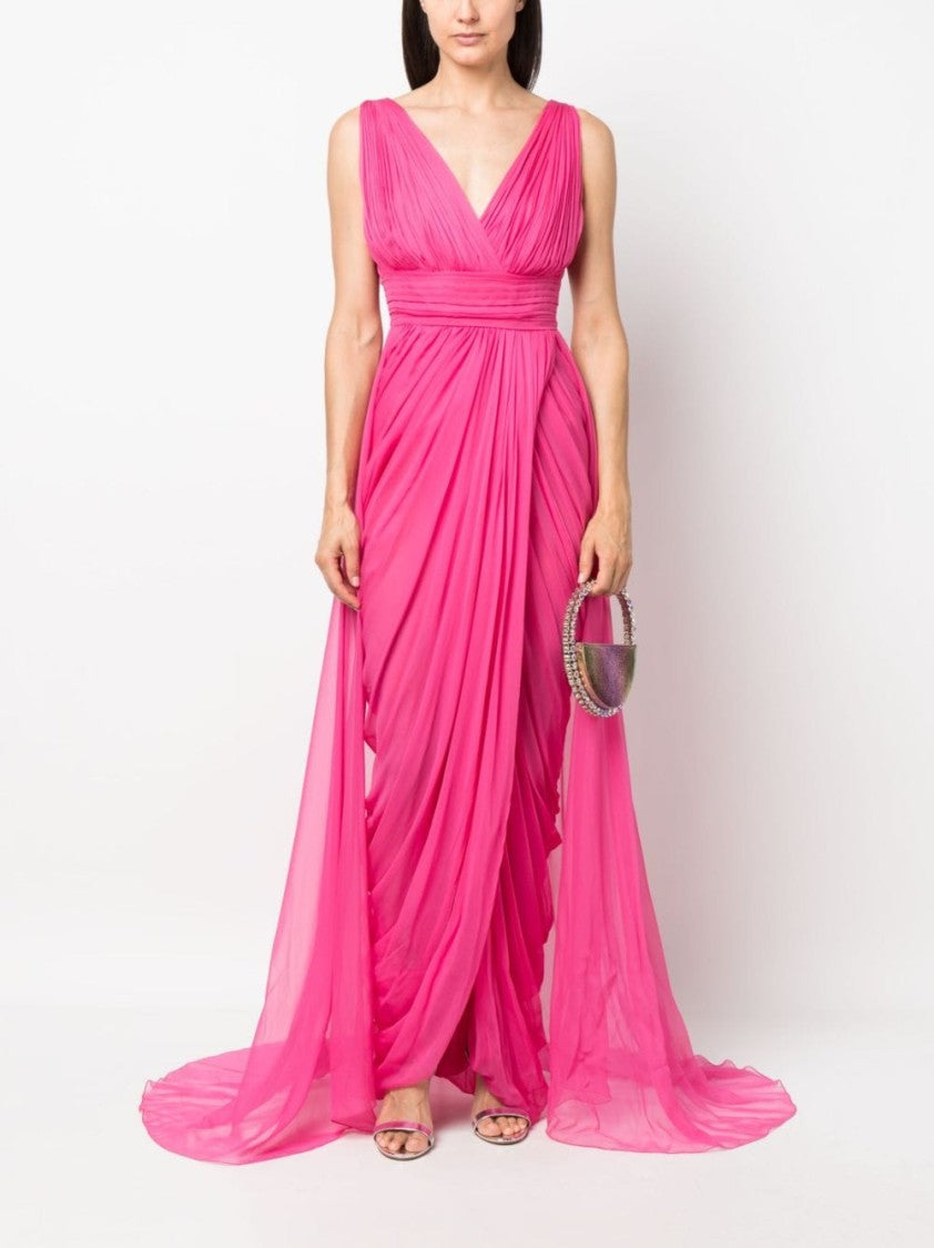 Alberta Ferretti Fuchsia Flowing Silk V-Neck Dress