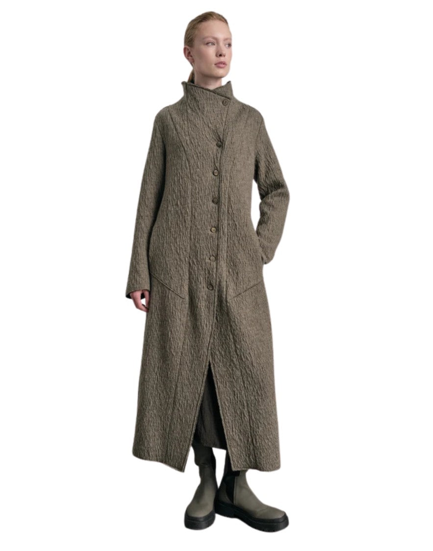 Transit Light Green Textured Longline Stand Collar Coat