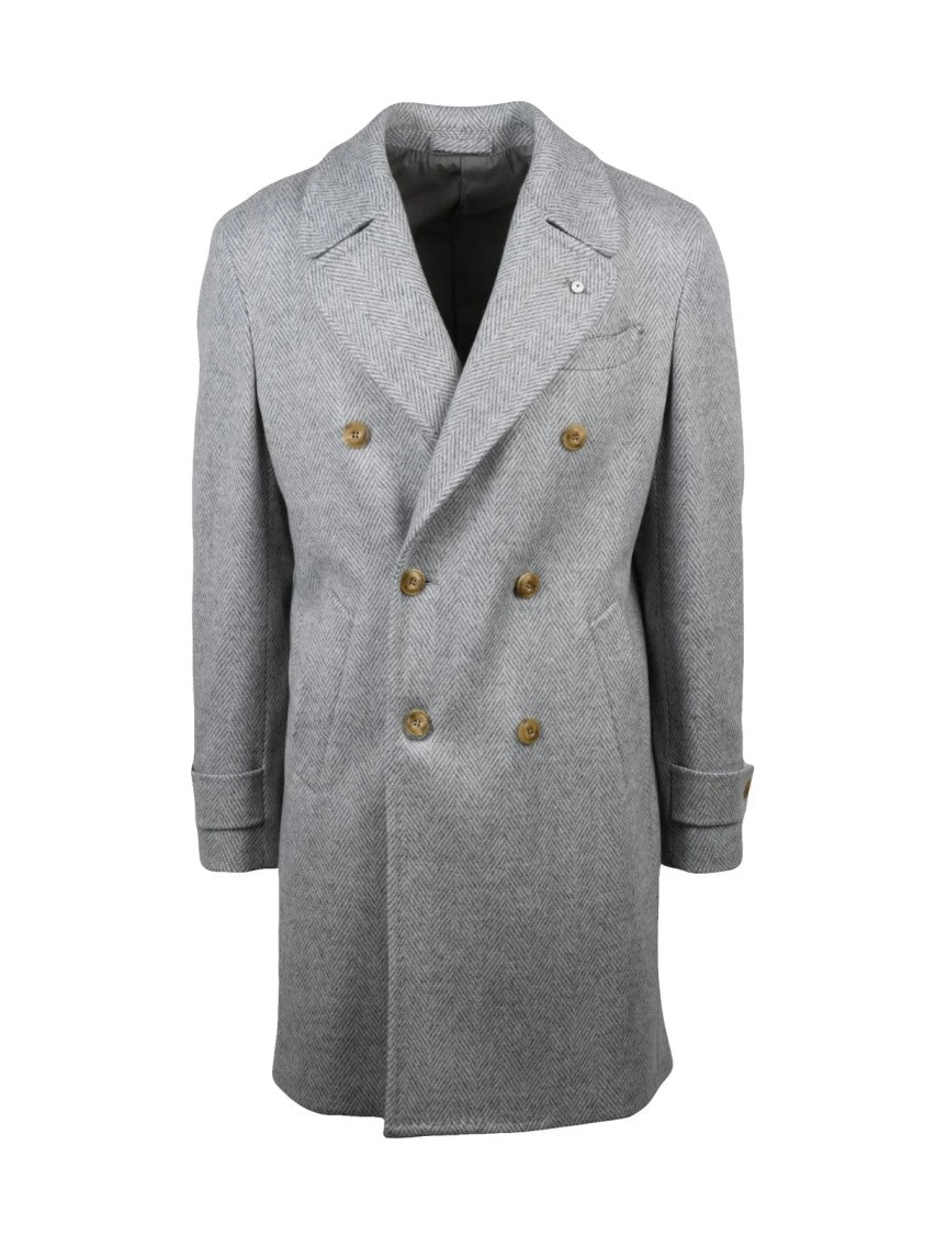 L.B.M. 1911 Double-Breasted Herringbone Coat With Notched Lapel And Button Accents