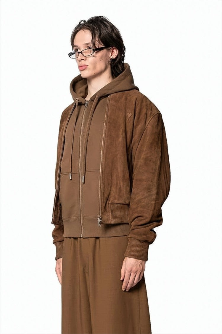 Ami Relaxed Fit Brown Goatskin Leather Jacket With Hood