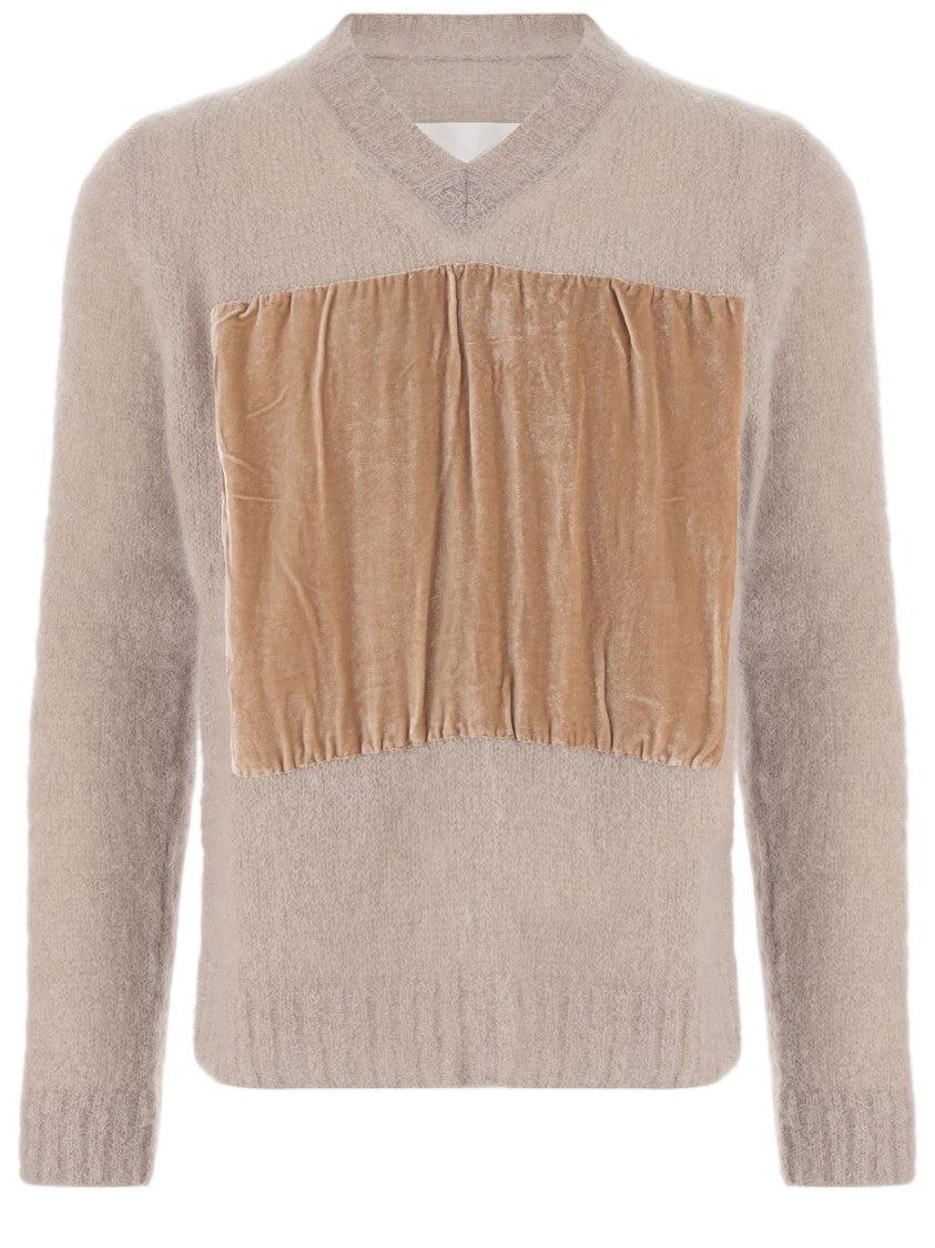 Maison Margiela Beige Mohair-Blend Velvet Appliqué V-Neck Sweater