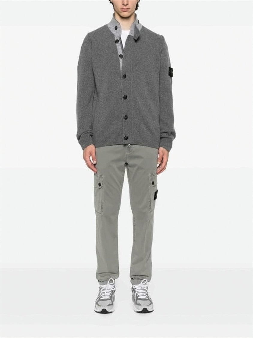 Stone Island Soft Grey Knit Cardigan With Button-Up Front And Signature Patch