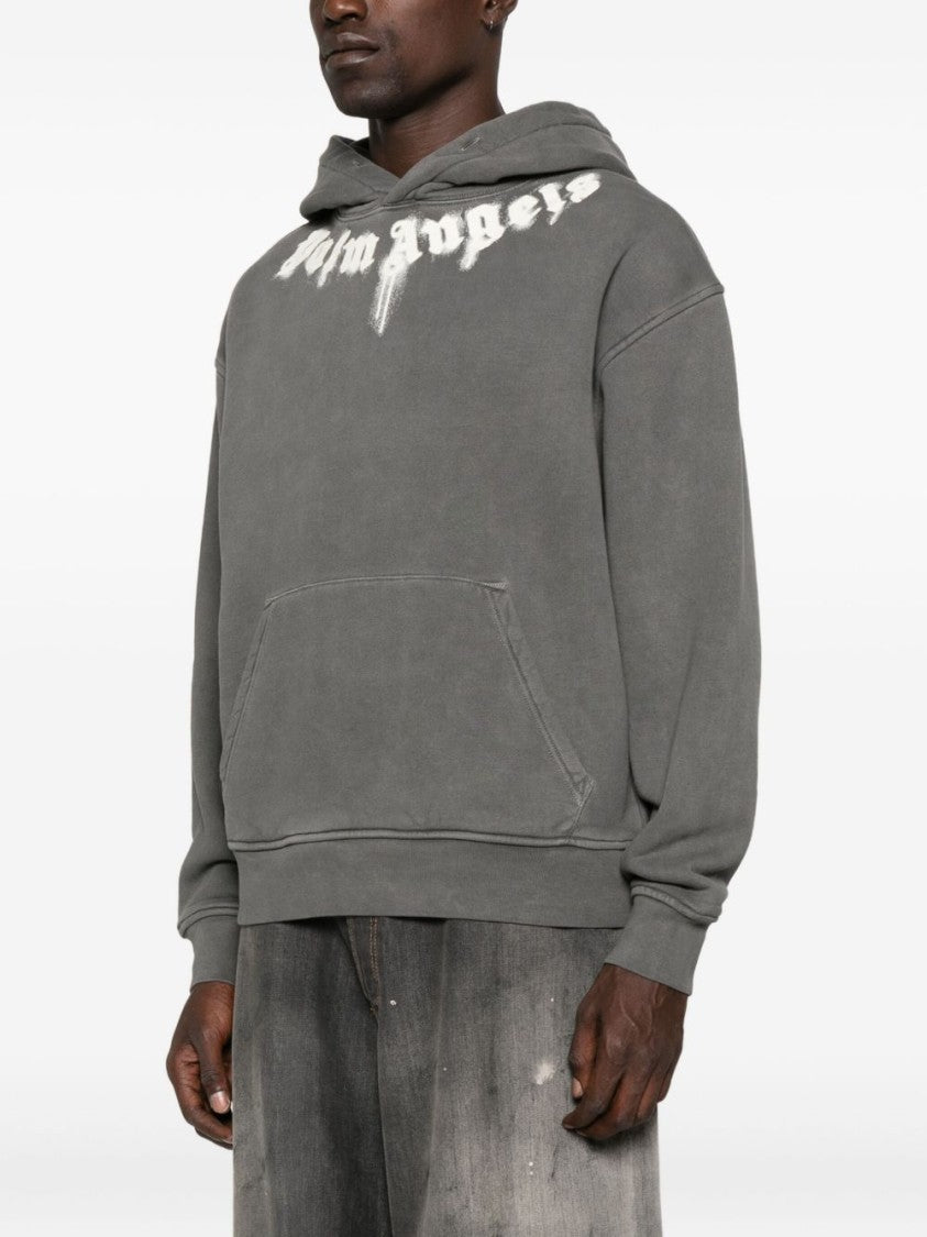 Palm Angels Hooded Grey Cotton Sweatshirt With Graphic Logo
