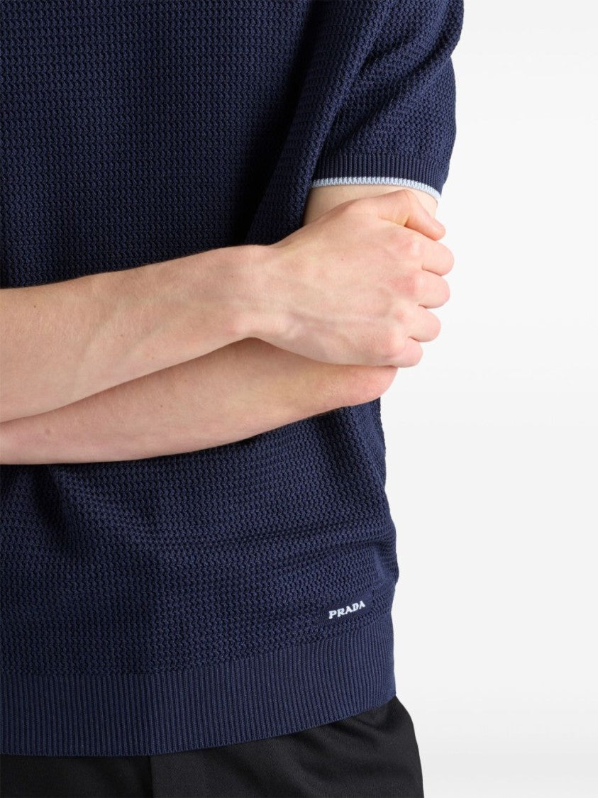 Prada Navy Blue Short-Sleeve Sweater With Contrasting Border